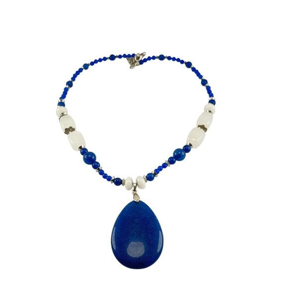 Blue Beaded Necklace with Large Teardrop Pendant and White Accent Beads - Picture 2 of 5